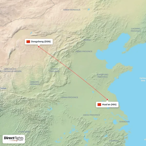 Dongsheng - Huai'an direct flight map