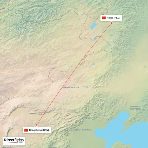 Dongsheng - Hailar direct flight map