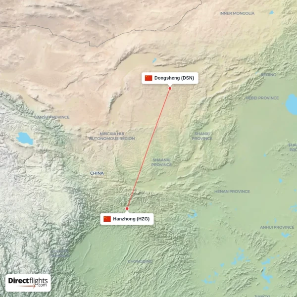 Dongsheng - Hanzhong direct flight map