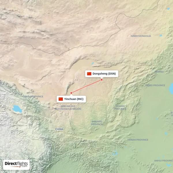 Dongsheng - Yinchuan direct flight map