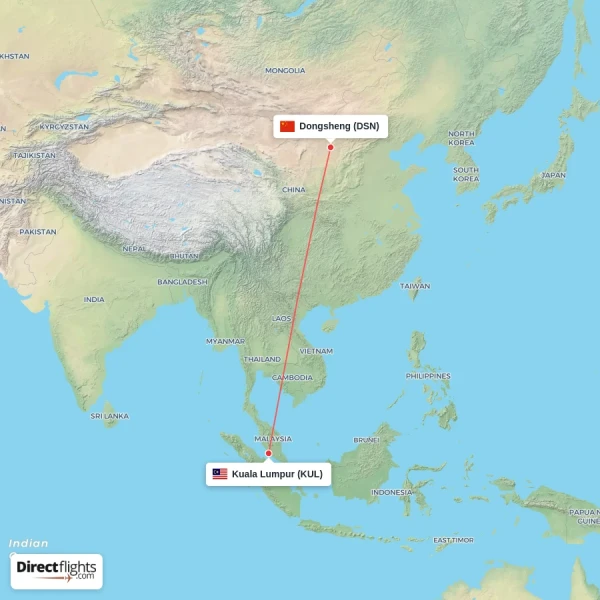 Dongsheng - Kuala Lumpur direct flight map