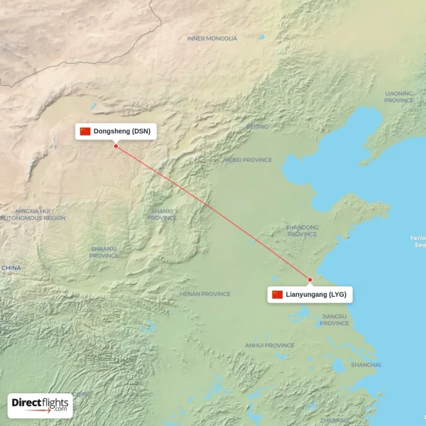 Dongsheng - Lianyungang direct flight map