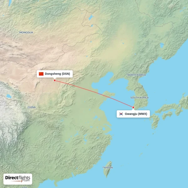 Dongsheng - Gwangju direct flight map