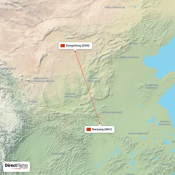 Dongsheng - Nanyang direct flight map