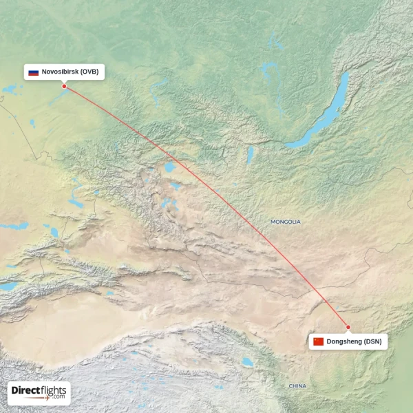 Dongsheng - Novosibirsk direct flight map