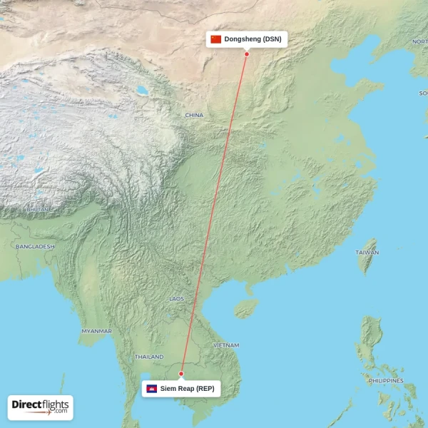 Dongsheng - Siem Reap direct flight map
