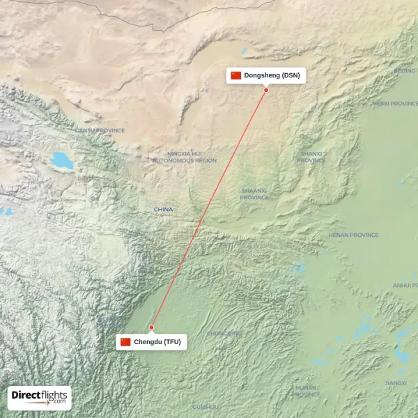 Dongsheng - Chengdu direct flight map