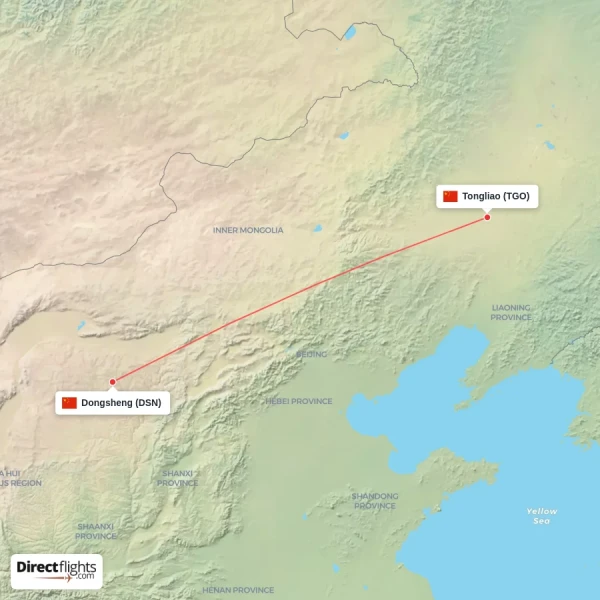Dongsheng - Tongliao direct flight map