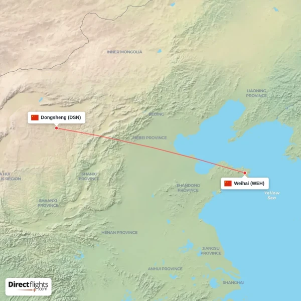 Dongsheng - Weihai direct flight map
