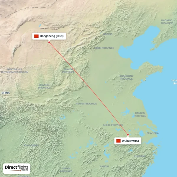 Dongsheng - Wuhu direct flight map