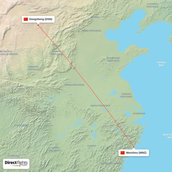 Dongsheng - Wenzhou direct flight map