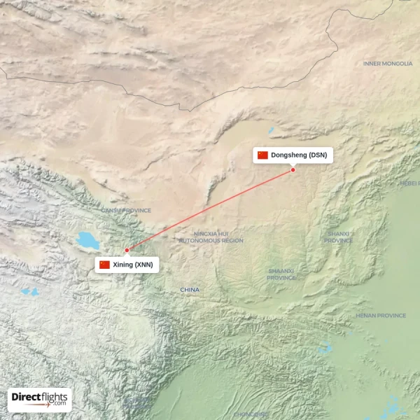 Dongsheng - Xining direct flight map