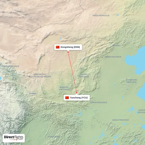 Dongsheng - Yuncheng direct flight map