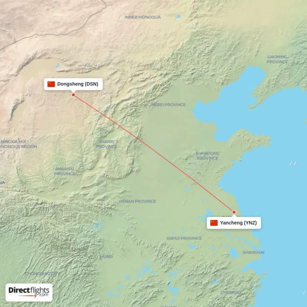 Dongsheng - Yancheng direct flight map
