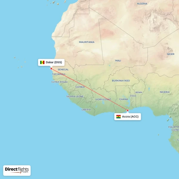 Dakar - Accra direct flight map