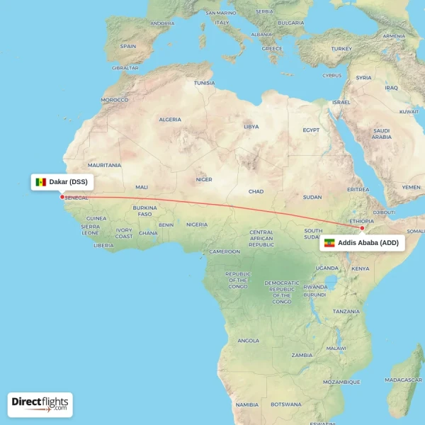 Dakar - Addis Ababa direct flight map