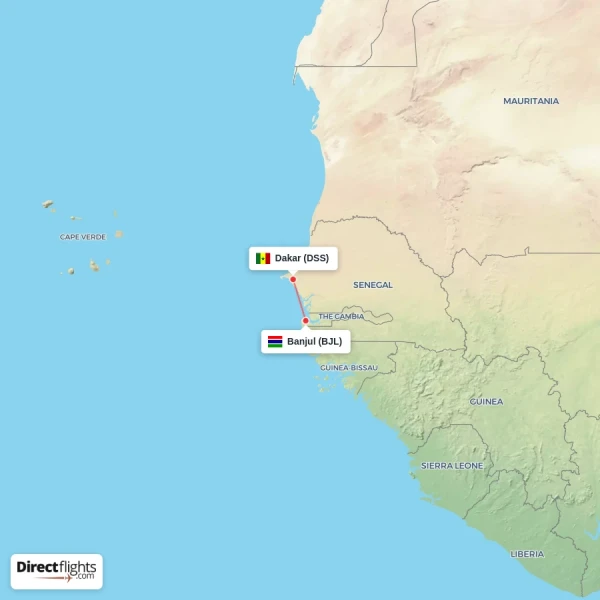 Dakar - Banjul direct flight map
