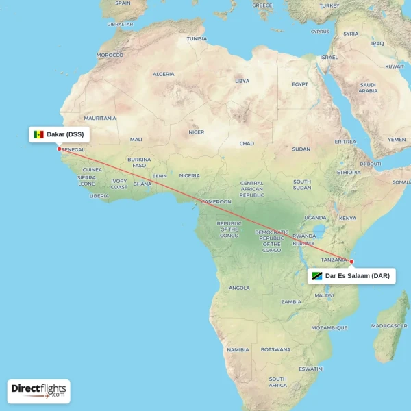 Dakar - Dar Es Salaam direct flight map