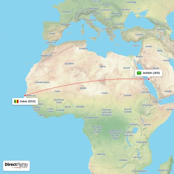 Dakar - Jeddah direct flight map