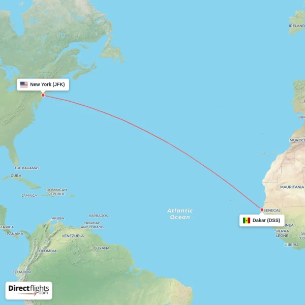 Dakar - New York direct flight map