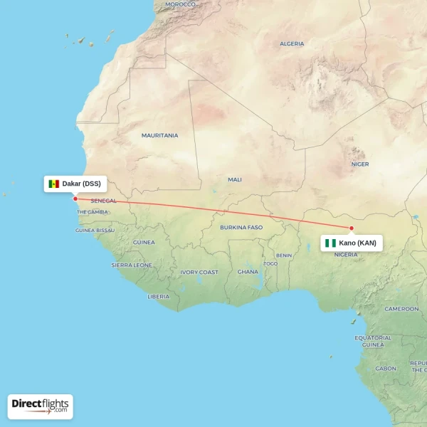 Dakar - Kano direct flight map