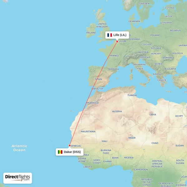 Dakar - Lille direct flight map