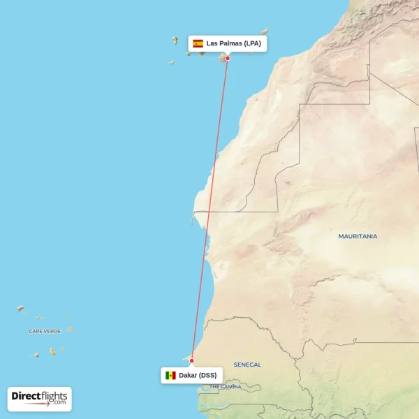 Dakar - Las Palmas direct flight map