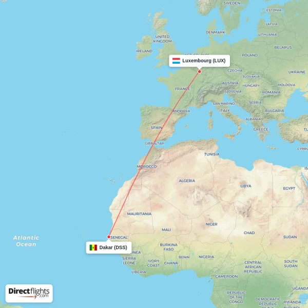 Dakar - Luxembourg direct flight map