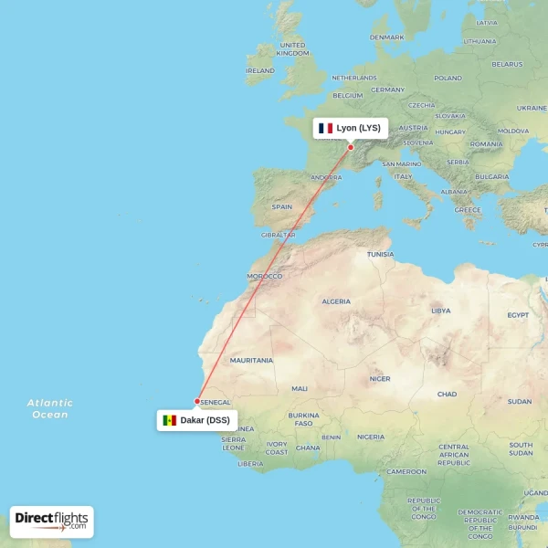 Dakar - Lyon direct flight map