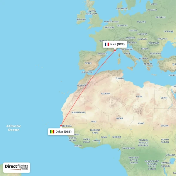 Dakar - Nice direct flight map