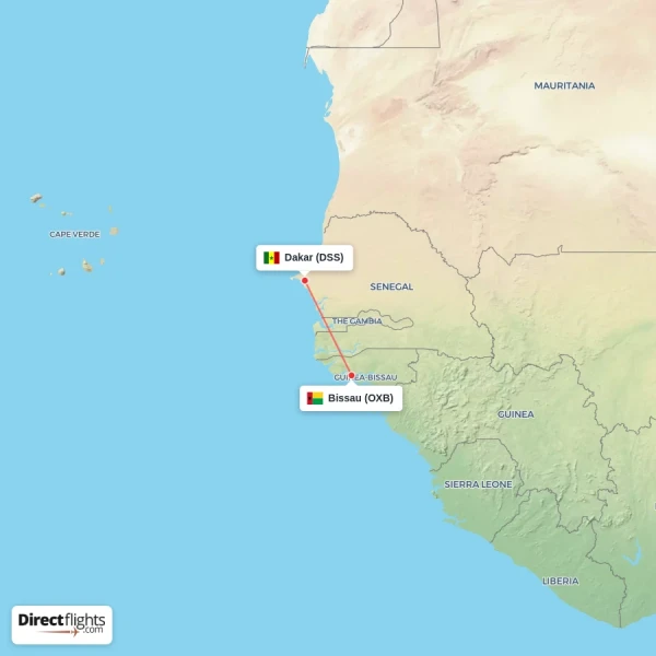Dakar - Bissau direct flight map