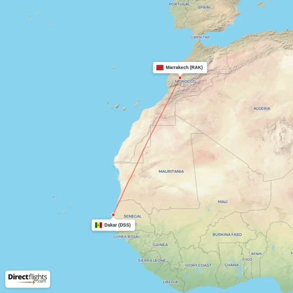 Dakar - Marrakech direct flight map