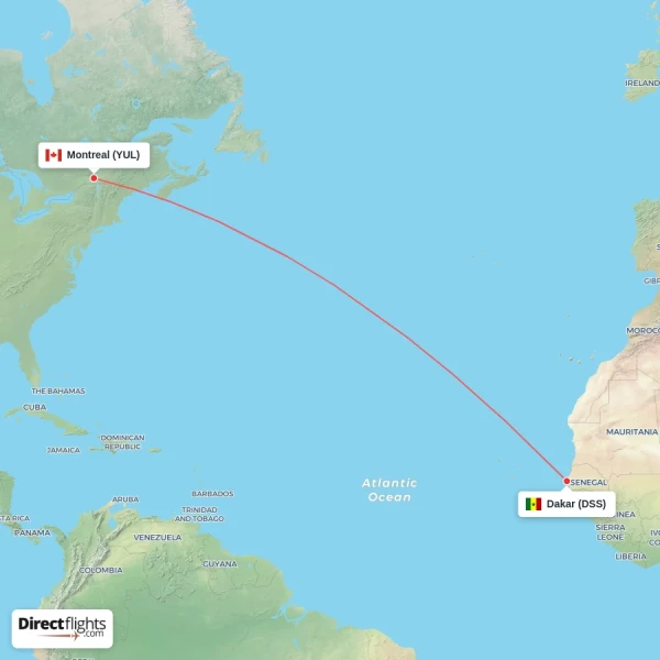 Dakar - Montreal direct flight map