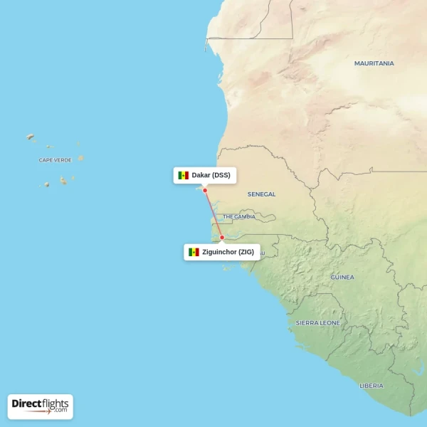 Dakar - Ziguinchor direct flight map