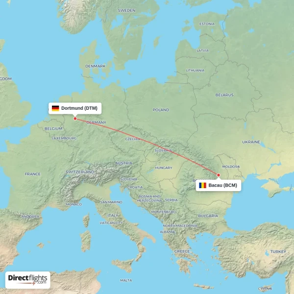 Dortmund - Bacau direct flight map
