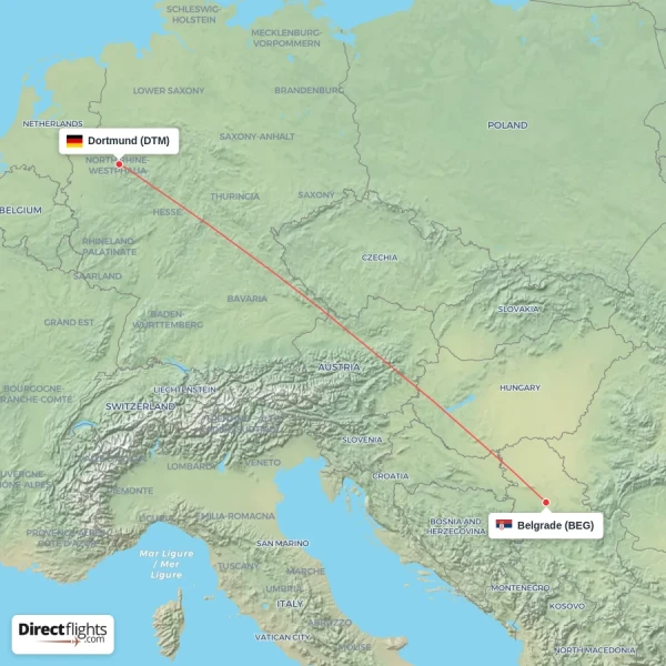Dortmund - Belgrade direct flight map