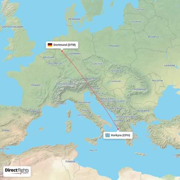 Dortmund - Kerkyra direct flight map