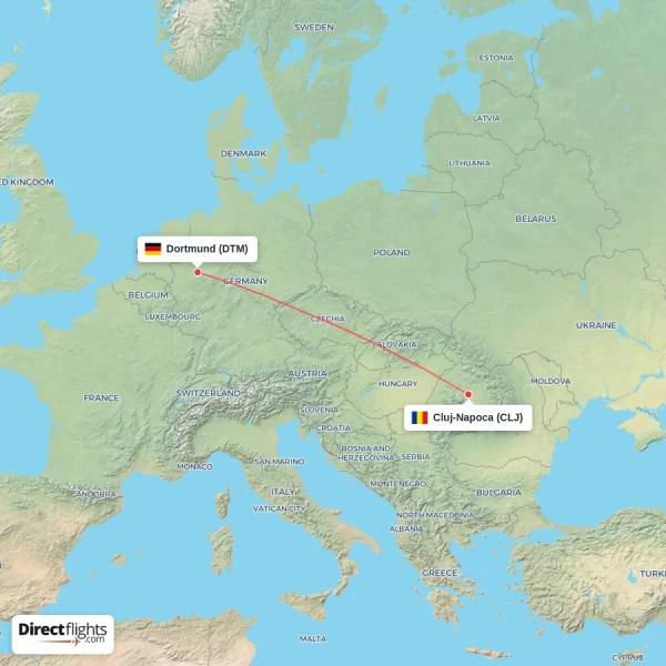 Dortmund - Cluj-Napoca direct flight map