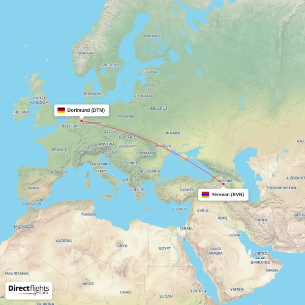Dortmund - Yerevan direct flight map