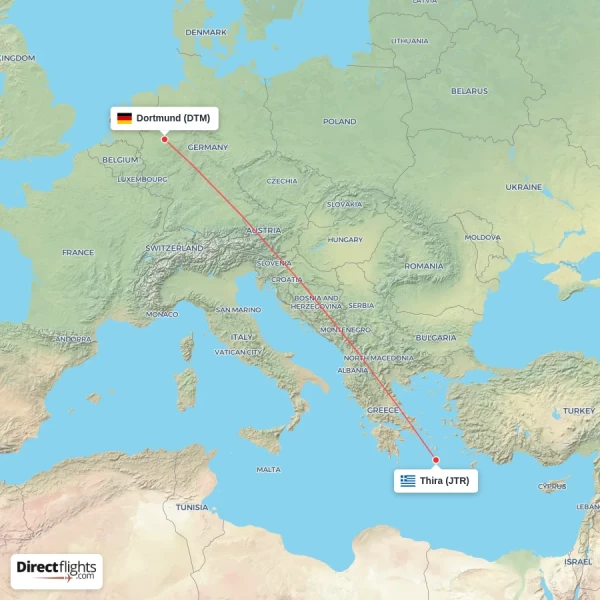 Dortmund - Thira direct flight map