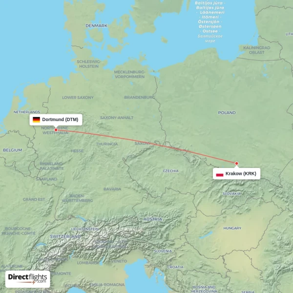 Dortmund - Krakow direct flight map
