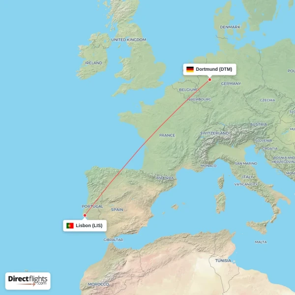 Dortmund - Lisbon direct flight map