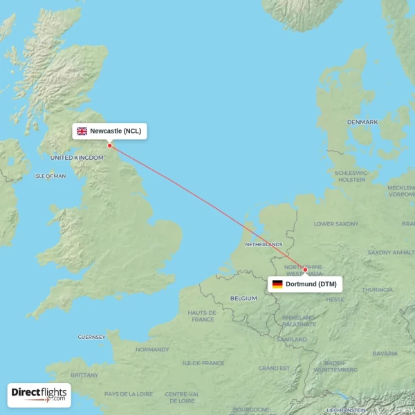 Dortmund - Newcastle direct flight map