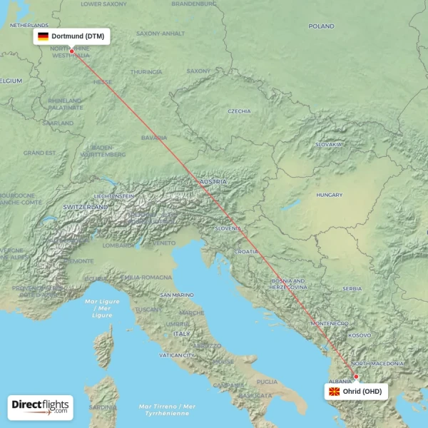 Dortmund - Ohrid direct flight map