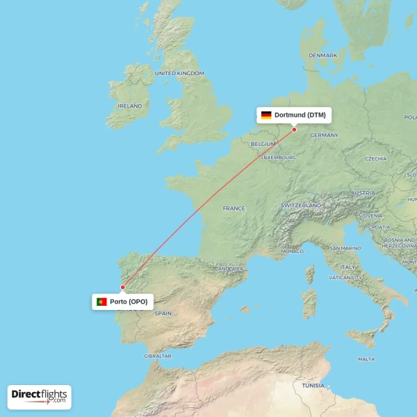 Dortmund - Porto direct flight map