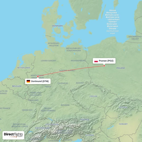 Dortmund - Poznan direct flight map