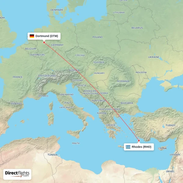 Dortmund - Rhodes direct flight map