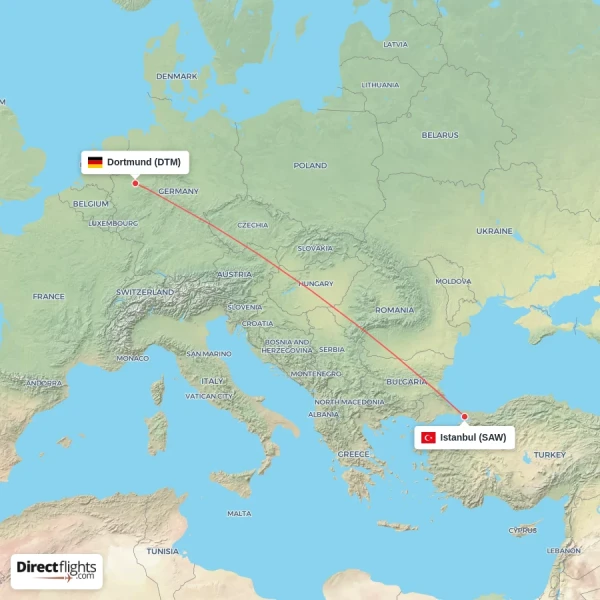 Dortmund - Istanbul direct flight map