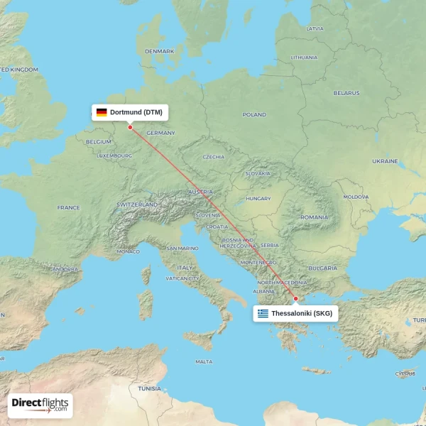 Dortmund - Thessaloniki direct flight map