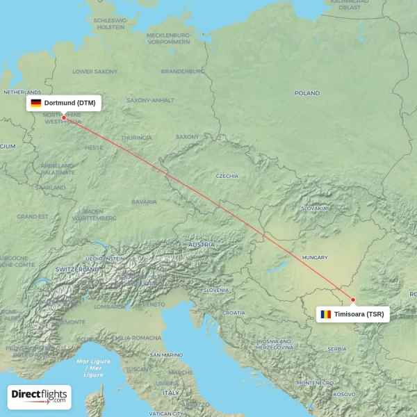 Dortmund - Timisoara direct flight map